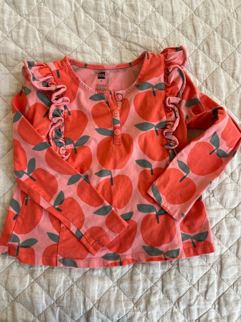 Tea Collection Pink and Red Apple Ruffle Long-Sleeve Tee